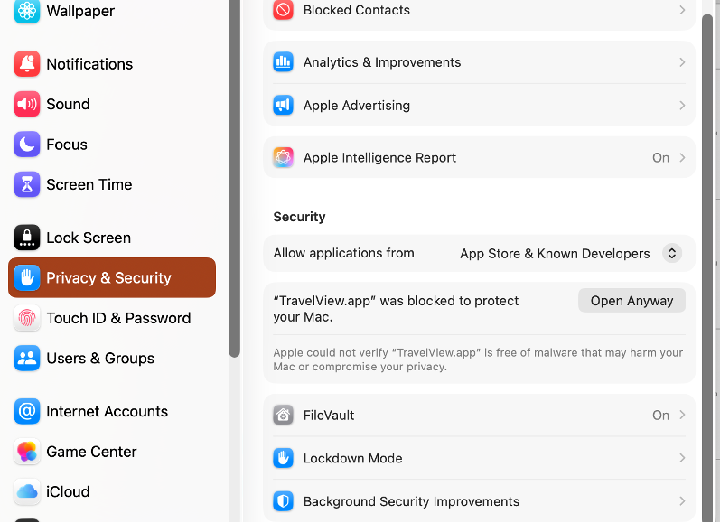 Privacy & Security settings